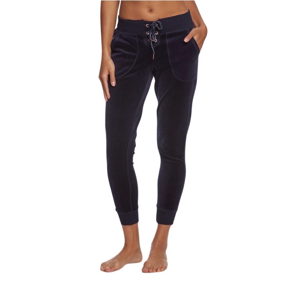 Betsey Johnson Navy Velour Lace-Up Jogger Pants women's Large (M) black rosegold